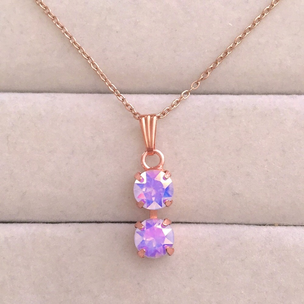 Iridescent Lilac Purple Opal Aurora Borealis + Rose Gold Crystal Drop Necklace